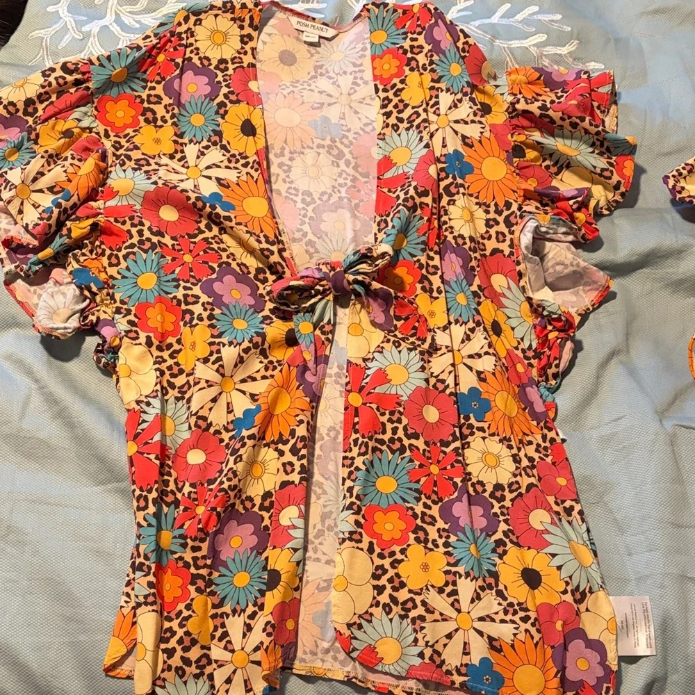 Posh Peanut Colorful Floral and Leopard Bikini and Coverup 12Y - Picture 3 of 3
